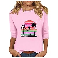 Womens Tops 3/4 Sleeve Crewneck Cute Shirts Casual Sunset Print Trendy Tops Three Guarter Length T Shirt Summer Pullover