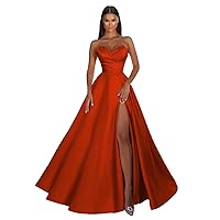 Women's Strapless Satin Prom Dresses with Slit Long Pleats Sequined Appliques Evening Party Dress