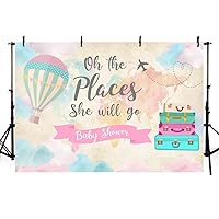 MEHOFOTO Travel Girl Baby Shower Party Decorations Backdrop Pink Map Suitcases Travel Around the World Hot Air Balloon Oh The Places She Will Go Photography Background Photo Banner 7x5ft