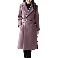 Women's Elegant Notched Lapel Pea Coat Mid-Length Thicken Warm Wool Blend Coats Casual Fall Winter Long Overcoat