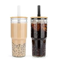 24 oz Wide Mouth Mason Jar Drinking Glasses with Bamboo Lids and Straws, Glass Boba Tea Cup Reusable,for Iced Coffee,Smoothie,Pearl Milkshake BPA Free- 2 Pack