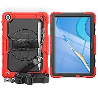 Heavy Duty Shockproof TPU Case for Huawei Matepad T10 9.7 inch/T10s 10.1 Inch 2021,Protective Cover W Screen Protector+Rotating Kickstand+Handle+Shoulder Strap(Red)