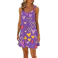 Women's Valentines Dress Casual Summer Loose Fitting Sleeveless Skirt Print Sexy Off Shoulder Slip Dress, S-3XL