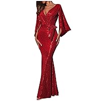 Womens Red Sequin Evening Dresses Maxi 3/4 Bell Sleeve Formal Mermaid Dress Ladies Sexy Deep V Neck Wrap Party Gowns