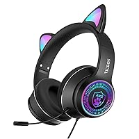 Cat Ear Gaming Headphones Wired AUX 3.5mm LED Light, Noise Canceling Game Headphones Stereo Foldable Over-Ear Headsets with Microphone Fit Girls, Kids for PC, PS4, Switch, Xbox, Mobile, Laptop