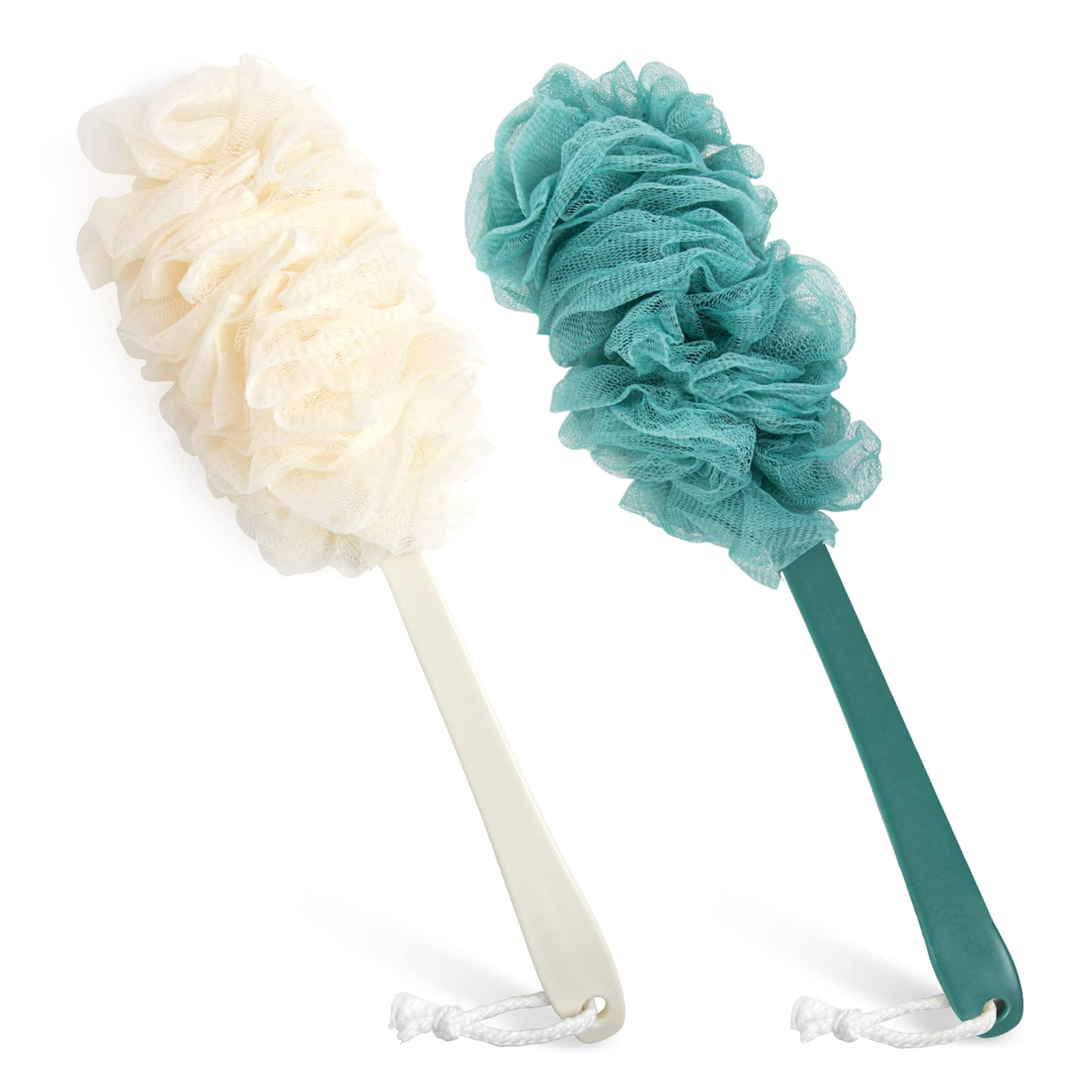 2Pack Back Scrubber for Shower，PIPUHA Loofah Sponge Shower Brush Using Body Exfoliating with Long Handle, Loofah on a Stick for Men Women, Bathing Accessories for Body Brushes (Blue and White)