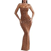 Leezeshaw Women’s Solid Rhinestone Spaghetti Strap Maxi Fishtail Evening Dresses Sexy Mesh Bodycon Formal Prom Gowns