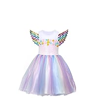 Unicorn Dress for Girls, Halloween Princess Costume with Beautiful Wings and Headband for Baby 3-4 Years Old, Dress Up Party Birthday Easter Tea Party Gifts Spring Dance Dresses T