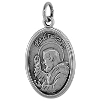 Sterling Silver St Padre Pio Medal Necklace Oxidized finish Oval 1.8mm Chain