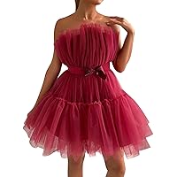 XJYIOEWT Fairy Dress Woman,and Tube Top Style Mesh Temperament Bowknot Tutu Dress for Women Dress Low Cut