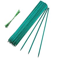 50 Pcs Green Bamboo Sticks Wood Garden Plant Stakes Floral Plant Support Sticks,Sturdy Wooden Sign Posting Garden Sticks 15 inch with Green Garden Plant Ties for Indoor &Outdoor Plants