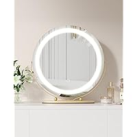 IDEALHOUSE 2024 New 19 Inch HD Vanity Mirror with LED Lights, 3 Color Lighting Modes Makeup Mirror with Touch Control, Round Desk Mirror, 360°Rotation, for Bedroom Tabletop, Easy to Install (Gold)