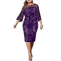 Plus Size Wedding Guest Dresses for Women Sheer Bell Long Sleeve Sequin Midi Dresses Slim Formal Cocktail Party Dress