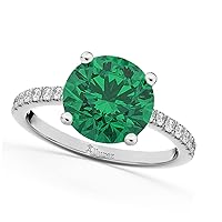 (2.51ct) Palladium Round Emerald and Diamond Accented Engagement Ring