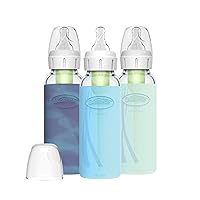 Dr. Brown's Natural Flow Anti-Colic Options+ Narrow Glass Baby Bottle, 8 oz/250 mL, with Silicone Bottle Sleeve, 3 Pack, Glow/Blue/Mint