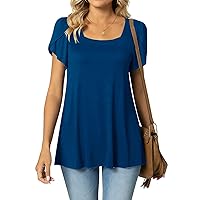 Womens Short Sleeve Tee Shirts Elegant Square Neck Pullover Fashion Solid Color Tunic Loose Comfy Blouse Summer Tops