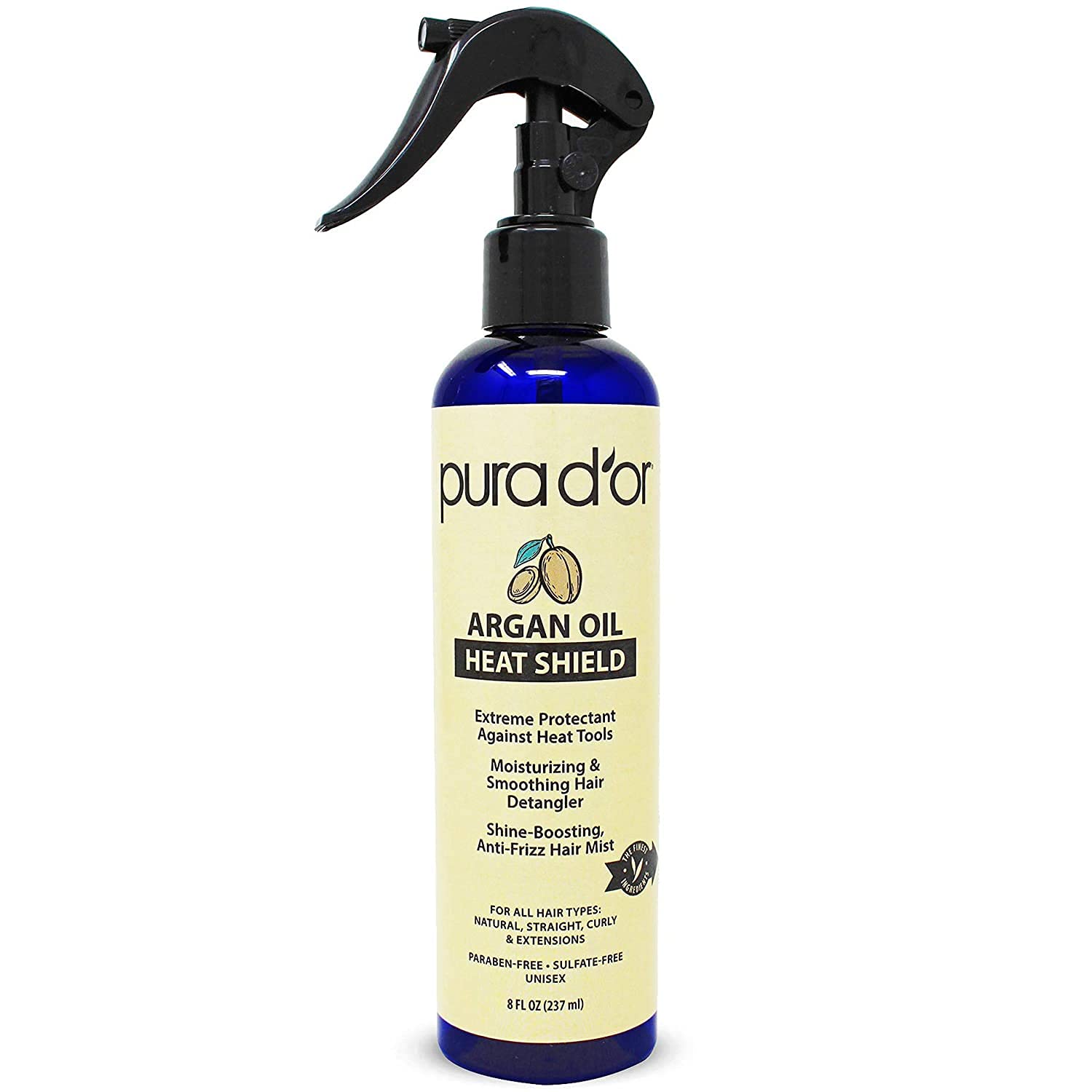 PURA D'OR Argan Oil Heat Shield Protectant Spray (8oz) Water Based Formula w/Organic Ingredients, Protects Up To 450º F From Flat Iron & Hot Blow Dry, Leave-In, Define & Shine Dry & Damaged Hair