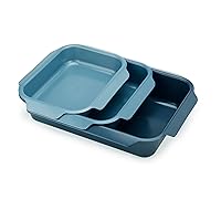 Joseph Joseph Nest Bakeware and Roasting Pan Set of 3, Stackable Oven Trays, Carbon Steel Baking Pans with Non-Stick Coating, Easy-Pull Handles, Organized Kitchen Storage
