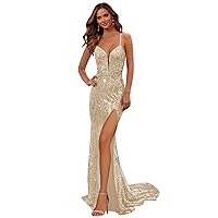 Champagne Mermaid Prom Dresses Long for Women Spaghetti Straps V-Neck Sequin Ball Gowns with Slit Size 2