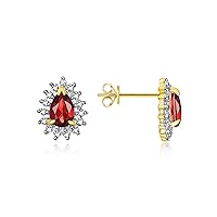 Yellow Gold Plated Sterling Silver Halo Stud Earrings - Pear Shape Garnet & Sparkling Diamonds - 6x4mm - January Birthstone Jewelry for Women & Girls, Elegant, Fashion, Gift, Anniversary, by Rylos