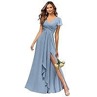 Women's V Neck Bridesmaid Dresses Chiffon Plus Size Dusty Blue Ruffles Sleeve Empire Waist Formal Party Gown with Slit Size 20W