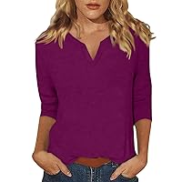 Womens Fashion 2024,Womens 3/4 Length Sleeve Tops Casual V Neck Fall Shirts Loose Fit Three Quarter Length Sleeve Blouses 19-Dark Purple Medium
