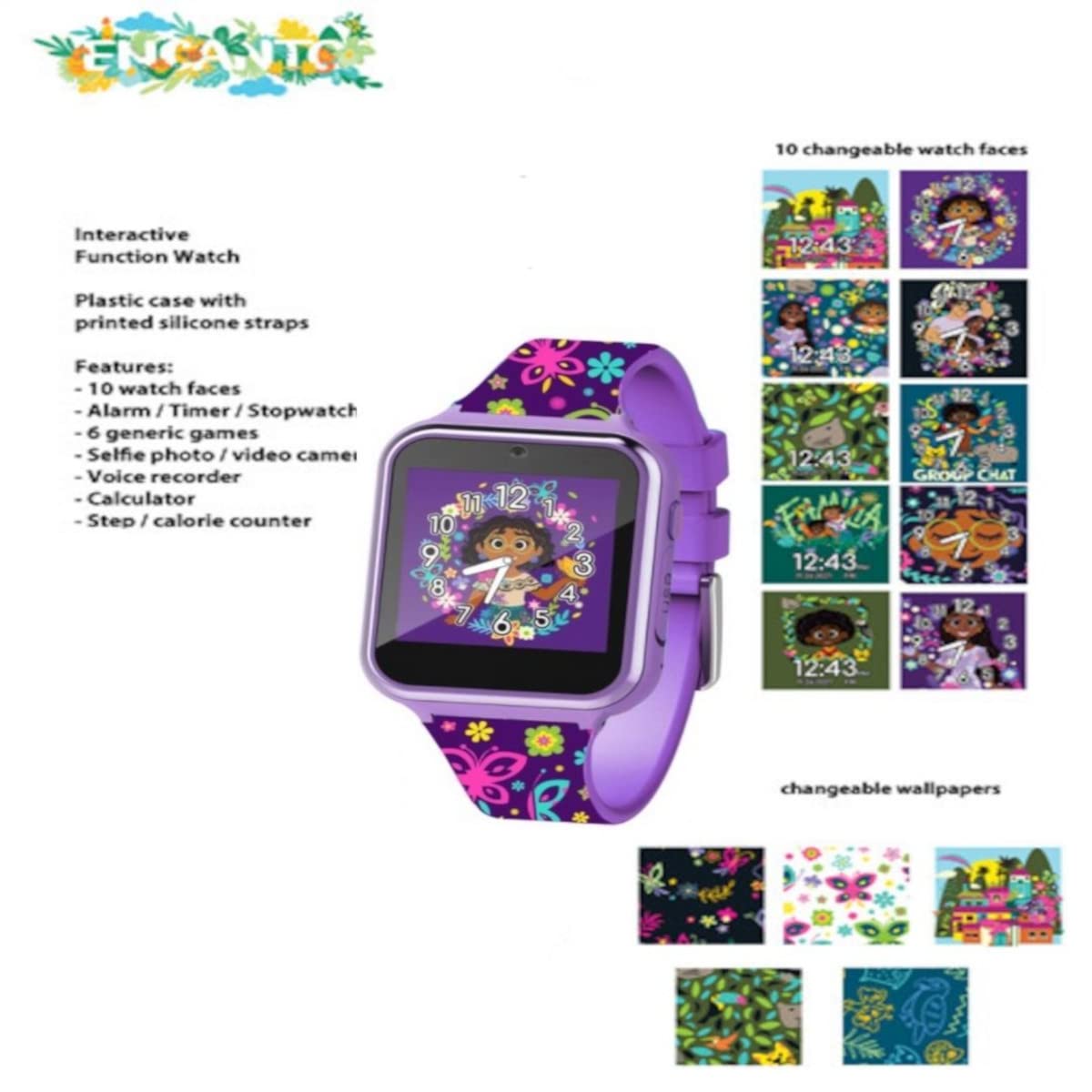 Accutime Disney Encanto Kids Smart Watch for Girls & Boys - Interactive Smartwatch with Selfie Camera, Games, Voice & Video Recorder, Pedometer, Calculator, Alarm, USB Charger