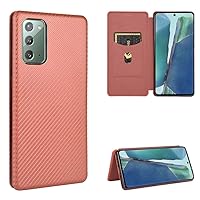 for Samsung Galaxy Note 20 Flip Case,Carbon Fiber PU + TPU Hybrid Case Shockproof Wallet Case Cover with Strap,Kickstand Brown
