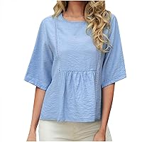 Half Sleeve Hollow Trim Babydoll Tops Women Cotton Linen Crewneck Casual Crop Shirts Summer Loose Fit Short Blouses