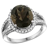14k White Gold Natural Smoky Topaz Ring Oval 12x10mm Diamond Accents, sizes 5 - 10
