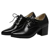 Womens Lace up Oxfords Chunky Mid Heel Pumps Round Toe Patent Leather Shoes