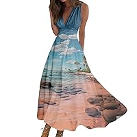 Summer Sleeveless Swing Dress Womens V Neck Trendy Maxi Dress Women's Boho Waist Retraction Printed Fashion Long Dress
