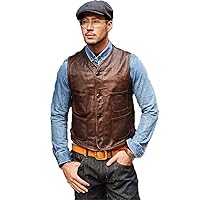 Men Vintage Brown Slim Fit Casual Leather Vest Single Breasted Plus Size Genuine Thin Sheepskin Coat