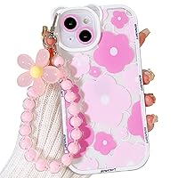 NITITOP Compatible for iPhone 13 Case with Lovely Flower Bracelet Chain Cute Clear Cartoon Little Girl Bear Flower with Heart Beaded Lanyard Wrist Strap for iPhone 13-Pink Flower