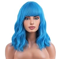Blue Wig Short Bob Wig Short Curly Wavy Wig With Bangs for Women Aqua Blue Wig Heat Resistant Synthetic Hair Wigs for Daily Use Cosplay Wig With Wig Cap