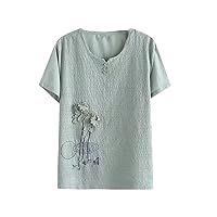 Women Short-Sleeved T-Shirt Cotton Linen Embroidered Shirt Plus Size Flowers Embroidered Tops