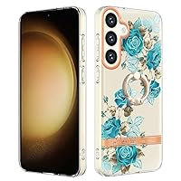Compatible Clear Phone Case Galaxy S24 Plus, TPU IMD Personalized Blue Rose Flower Series Slim Cases Scratch-Proof Shockproof Back Protective Cover with Ring Holder for Samsung S24+ 5G 6.7