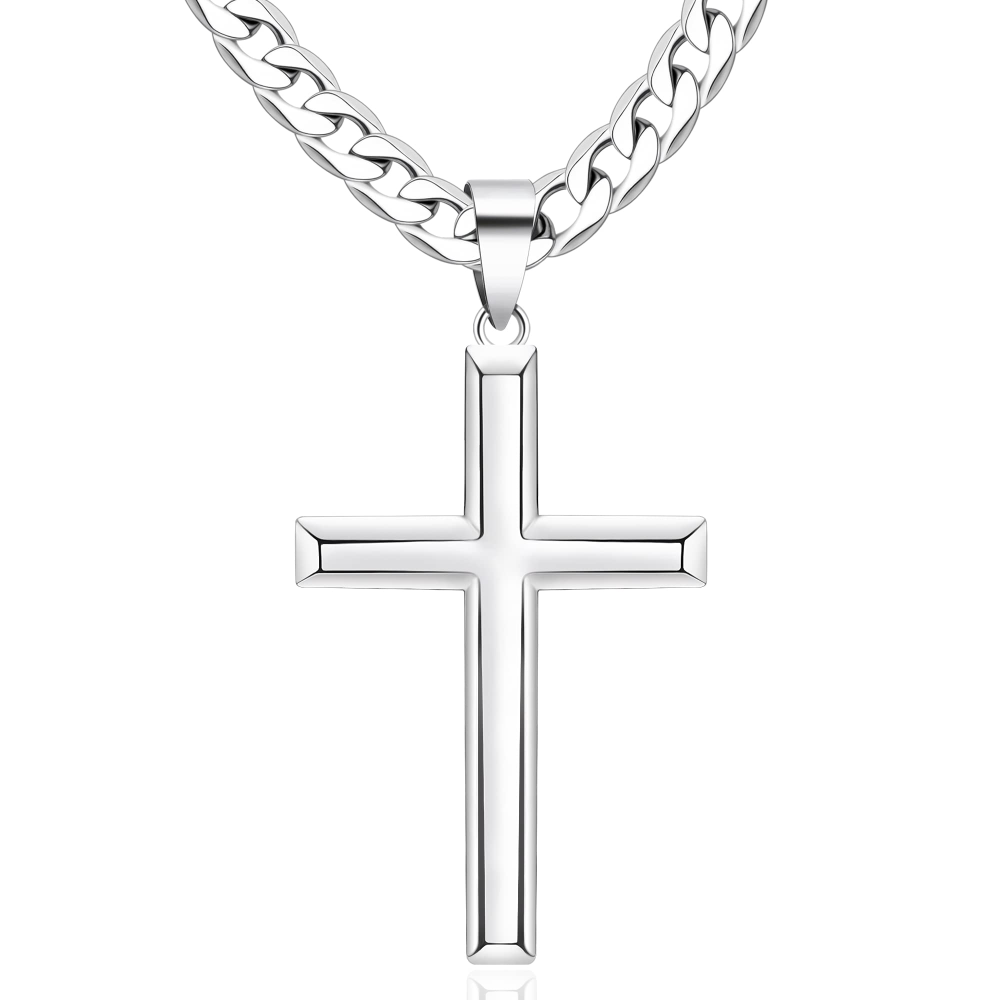 Cameido 925 Sterling Silver Cross Necklace for Men Women Stainless Steel Men's Diamond-Cut Solid Curb Cuban Link Chain Big Beveled Edge Crucifix Cross Pendant Necklace Highly Polished Silver Cross Pendant Necklace 16-28 Inches
