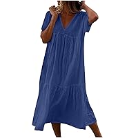 Women's Summer Casual Dress Short Sleeve Loose Plain Maxi Dresses V Neck Flowy Long Sun Dress Beach Cover Ups