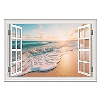 Beach Wall Art Pictures for Wall - Window Frame Style Ocean Wave Canvas Wall Art Decor - Seascape Print for Living Room - Gold Sunset Canvas Painting for Bedroom - Beach Theme Wall Decor for Bathroom