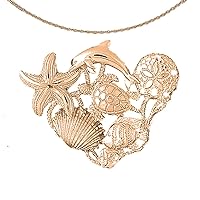 Dolphins | 14K Rose Gold Dolphins, Starfish, Turtle, Sand Dollar, Shell & Fish Pendant with 18