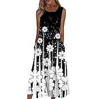 Womens Casual Printed Dresses Round Neck Basic Classic Outdoor Daily Sleeveless Loose Long Dresses with Pockets