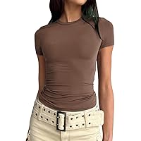 Womens Casual Sexy Going Out Crop Top Slim Fitted Short Sleeve Crew Neck Tight T-Shirts Ruched Y2K Tops 2024 Fashion