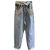 Spring Autumn Women's High Street Embroidery Ladies Sweet Simple Beaded Harem Jeans