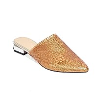Women's Glitter Pointed Toe Flats Mules Comfortable Backless Low Heel Slip On Slides Dress Shoes