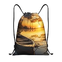 River Sunset Wooden Boat Drawstring Backpack for Women Men Drawstring Bags Cinch Bags Draw String Bag Casual Gym Bag
