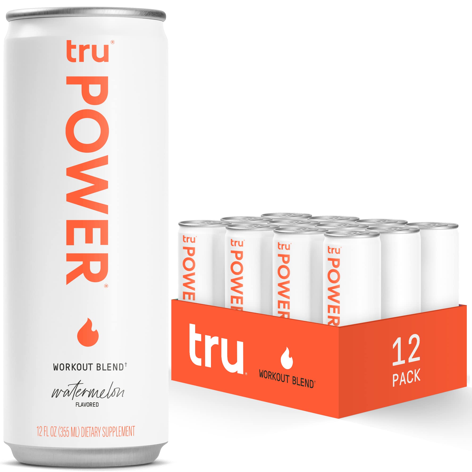 Tru Power Sparkling Water, Keto Pre Workout Energy Drinks with BCAA and Beta Alanine, Watermelon Flavored, 12 oz (Pack of 12)