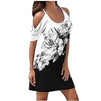 Cold Shoulder Dresses for Women Summer 2024 Vacation Boho Floral Print Sexy Scoop Neck Spaghetti Strap Cami Dresses Loose Fit