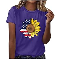 Womens Cute Funny Sunfower Red White Blue Star Stripes Shirts4Th of July Graphic Tees Short Sleeve Patriotic Tshirts