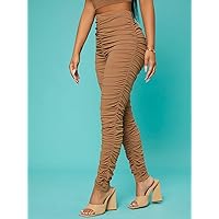 High Waist Ruched Leggings (Color : Brown, Size : Small)